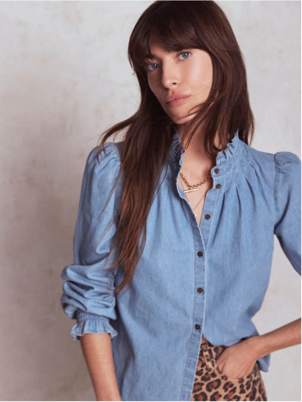 Women's Boden Denim Blouse Size 12 Blue Ruffle Neck Long Sleeve